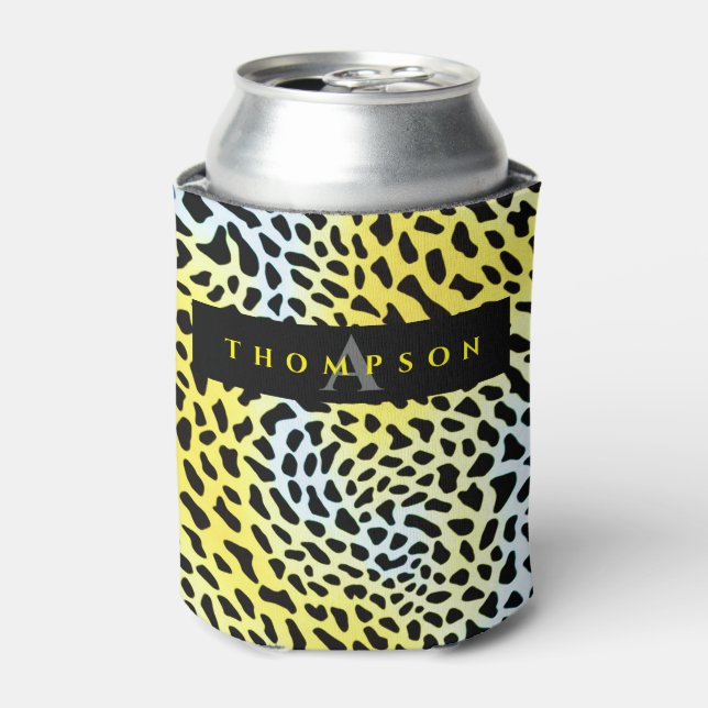 Trendy Yellow Safari Jaguar Print Pattern Monogram Can Cooler (Can Front)