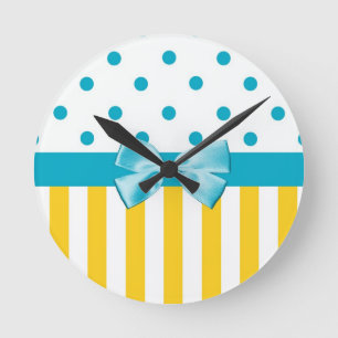 Trendy Yellow Stripes With Blue Ribbon Round Clock