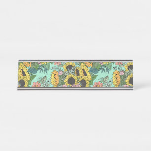 Trendy yellow sunflowers and pink roses design desk name plate