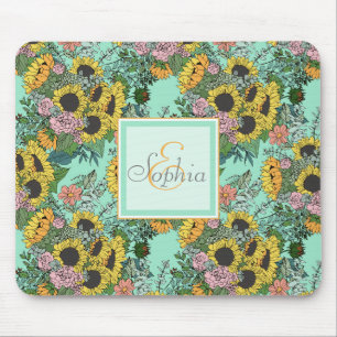 Trendy yellow sunflowers and pink roses design mouse mat