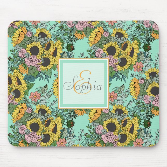 Trendy yellow sunflowers and pink roses design mouse mat (Front)