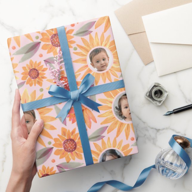 Trendy Yellow Sunflowers Blush Pink 3 Photo Wrapping Paper (Gifting)