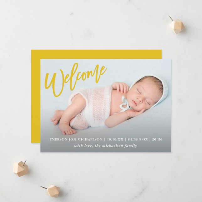 Trendy Yellow Welcome Script with Photo Baby Birth Announcement (Front/Back In Situ)