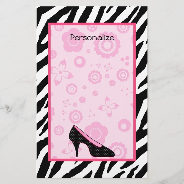 Trendy Zebra Girly Pink Shoes With Name Stationery (Front)