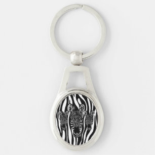 Trendy Zebra Herd on Zebra Print Key Ring