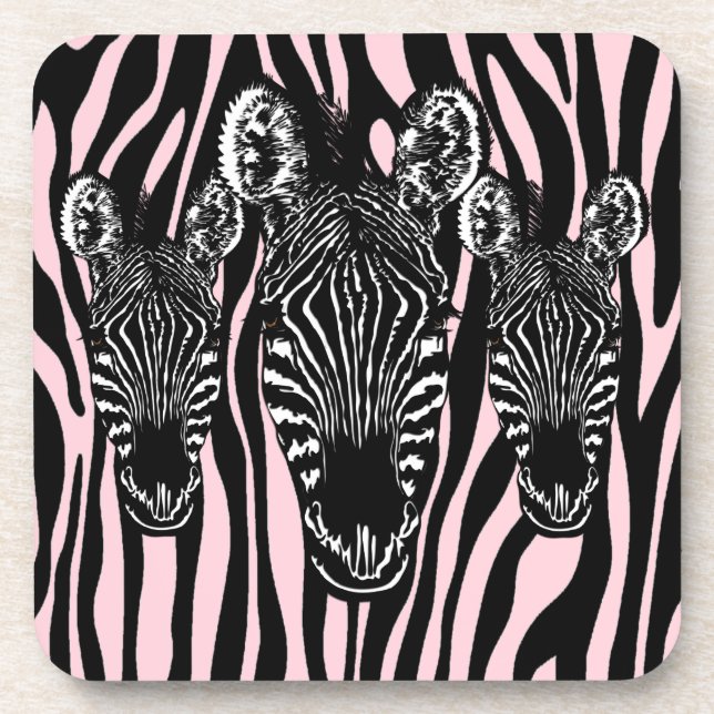 Trendy Zebra Herd on Zebra Print Pink Coaster (Front)