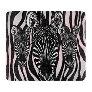 Trendy Zebra Herd on Zebra Print Pink Glass Cutting Board