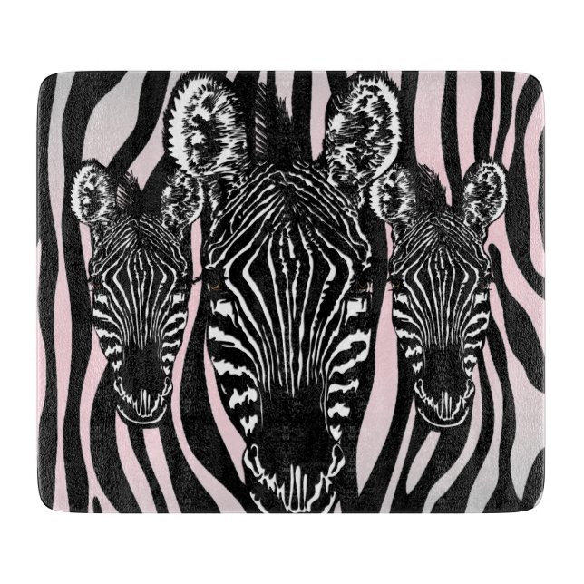 Trendy Zebra Herd on Zebra Print Pink Glass Cutting Board (Front)