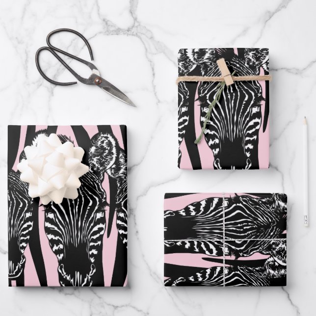 Trendy Zebra Herd on Zebra Print Pink Wrapping Paper Sheet (Front)