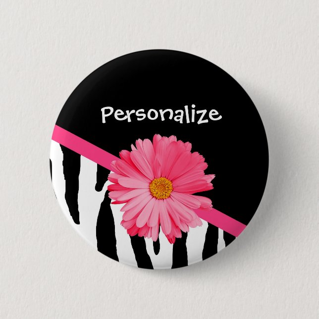 Trendy Zebra Pattern Girly Pink Daisy With Name 6 Cm Round Badge (Front)