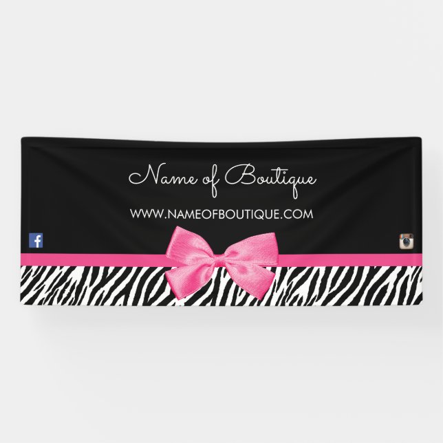 Trendy Zebra Print and Chic Pink Bow Boutique 6 ft Banner (Horizontal)