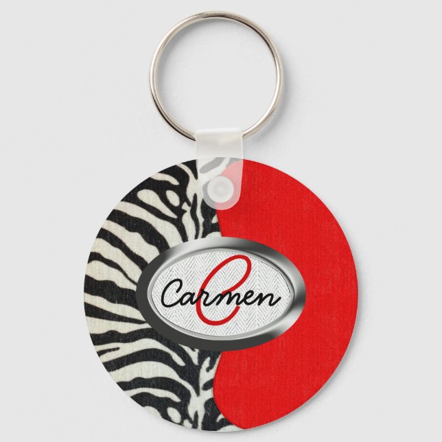 Trendy Zebra Print and Neon Red Monogram Key Ring (Front)