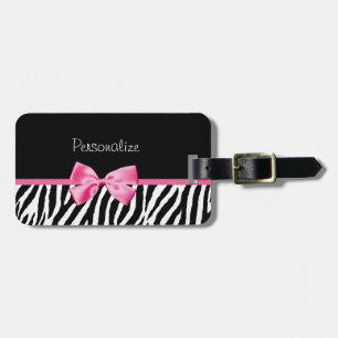 Trendy Zebra Print and Pink Ribbon With Name Luggage Tag