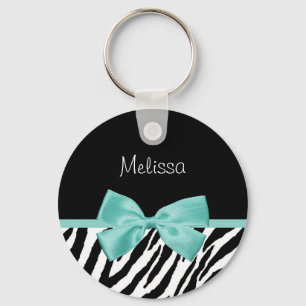 Trendy Zebra Print Aqua Mint Ribbon With Name Key Ring