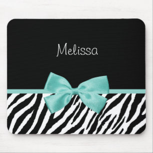 Trendy Zebra Print Aqua Mint Ribbon With Name Mouse Mat
