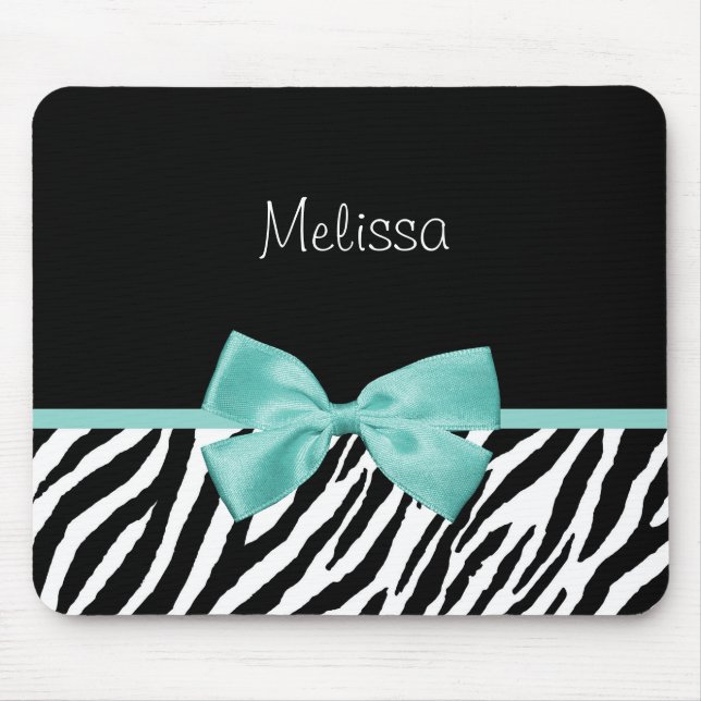Trendy Zebra Print Aqua Mint Ribbon With Name Mouse Mat (Front)