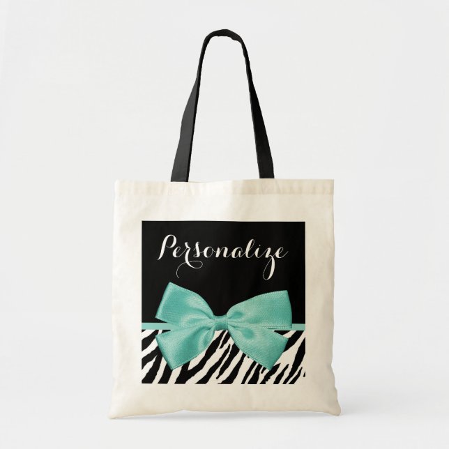 Trendy Zebra Print Aqua Mint Ribbon With Name Tote Bag (Front)