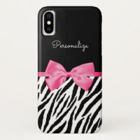 Trendy Zebra Print Chic Hot Pink Bow and Name