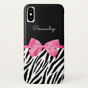 Trendy Zebra Print Chic Hot Pink Bow and Name iPhone X Case