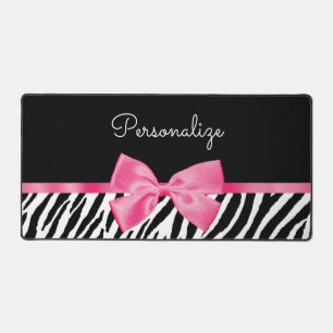 Trendy Zebra Print Chic Hot Pink Bow and Name Desk Mat