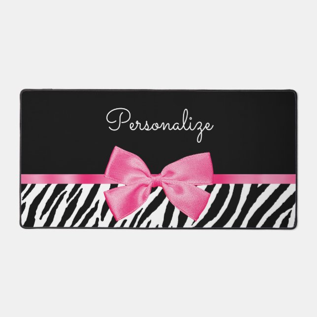 Trendy Zebra Print Chic Hot Pink Bow and Name Desk Mat (Front)