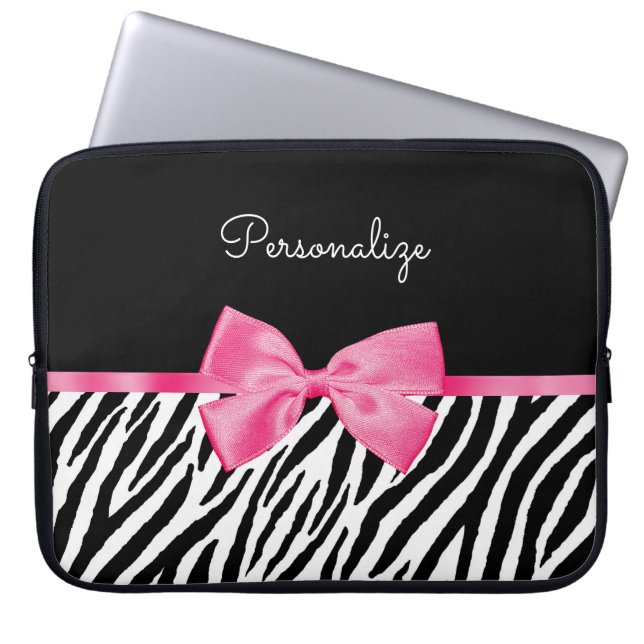 Trendy Zebra Print Chic Hot Pink Bow and Name Laptop Sleeve (Front)