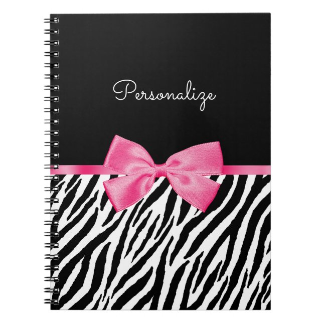 Trendy Zebra Print Chic Hot Pink Bow and Name Notebook (Front)