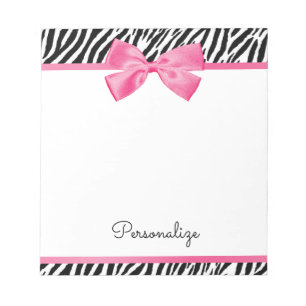Trendy Zebra Print Chic Hot Pink Bow and Name Notepad