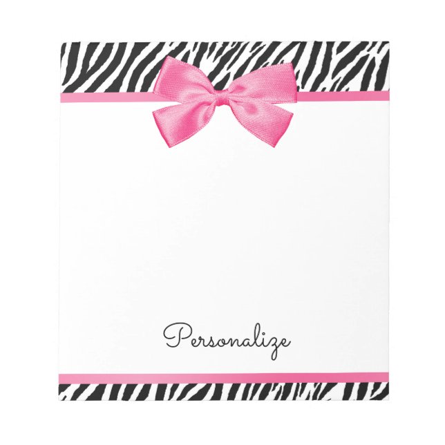 Trendy Zebra Print Chic Hot Pink Bow and Name Notepad (Front)