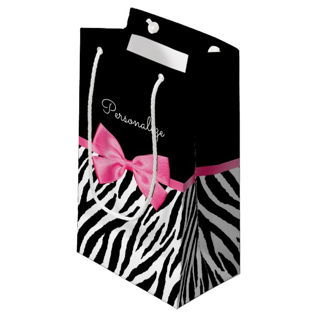 Trendy Zebra Print Chic Hot Pink Bow and Name Small Gift Bag (Front Angled)