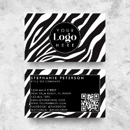 Trendy Zebra Print Custom Company Logo QR Code Business Card