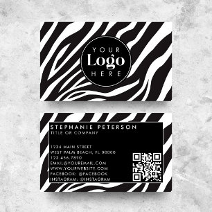 Trendy Zebra Print Custom Company Logo QR Code Business Card