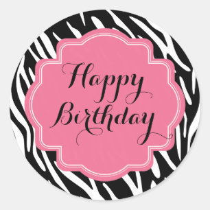 Trendy Zebra Print Pink Happy Birthday Stickers