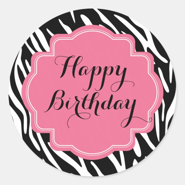 Trendy Zebra Print Pink Happy Birthday Stickers (Front)