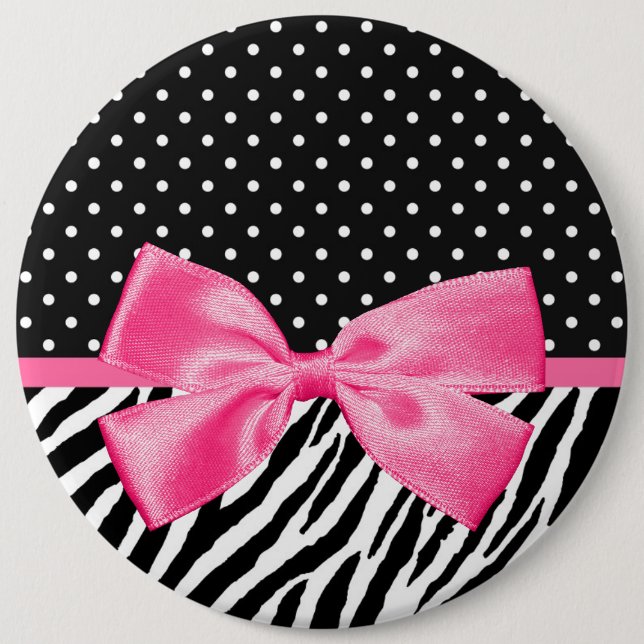 Trendy Zebra Print Polka Dots and Chic Pink Ribbon 6 Cm Round Badge (Front)