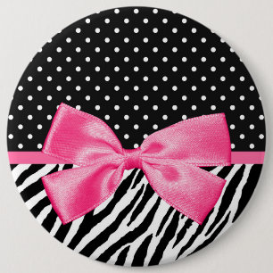 Trendy Zebra Print Polka Dots and Chic Pink Ribbon 6 Cm Round Badge