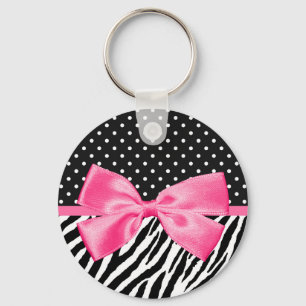 Trendy Zebra Print Polka Dots and Chic Pink Ribbon Key Ring