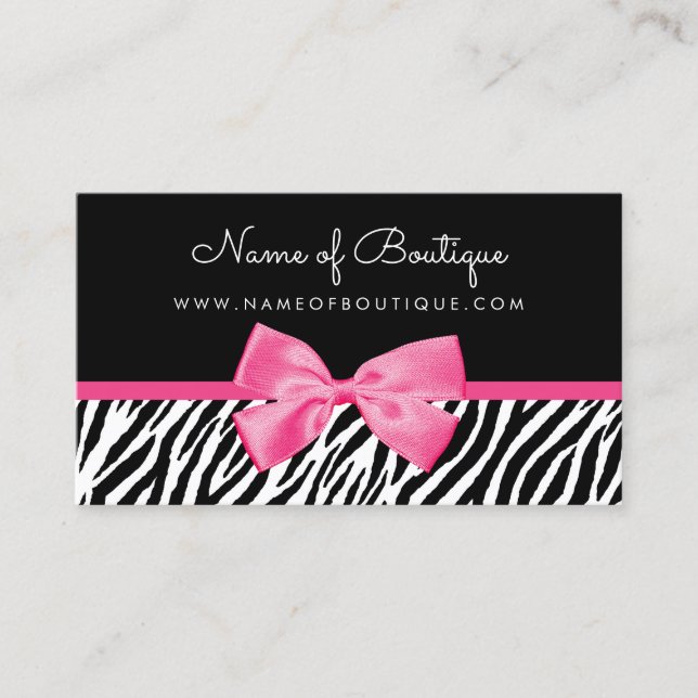 Trendy Zebra Print With Chic Pink Bow Boutique Business Card (Front)