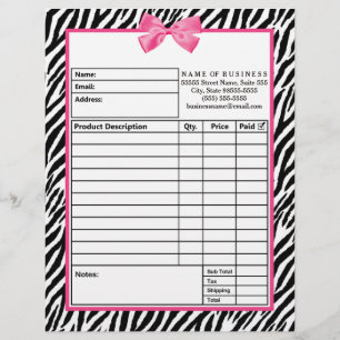 Trendy Zebra Print With Chic Pink Bow Order Form Letterhead Design
