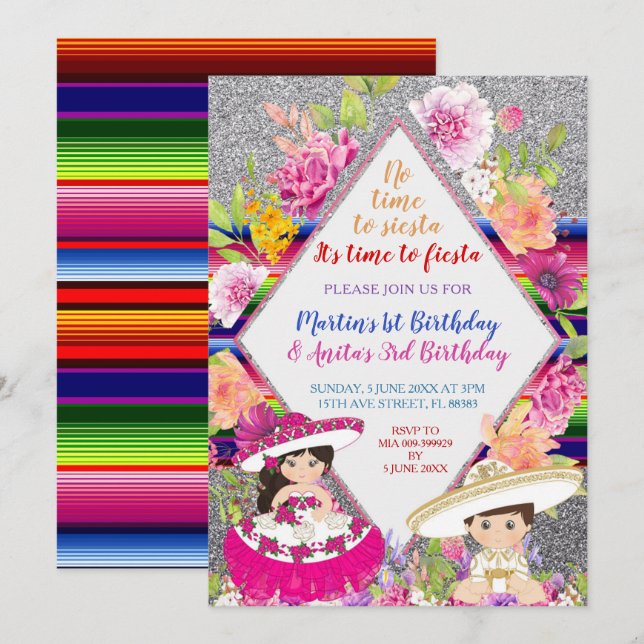 Tres anos navy invite Pink & Gold Mexican Birthday (Front/Back)