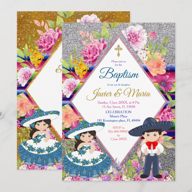Tres Anos Navy Mexican Fiesta Baptism Invitation (Front/Back)