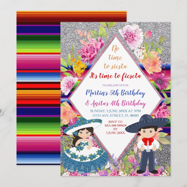 Tres Anos Navy Mexican Fiesta Kids Birthday Invitation (Front/Back)