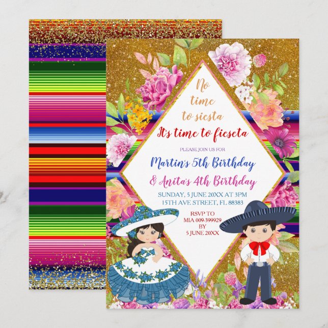 Tres Anos Navy Mexican Fiesta Kids Birthday Invitation (Front/Back)