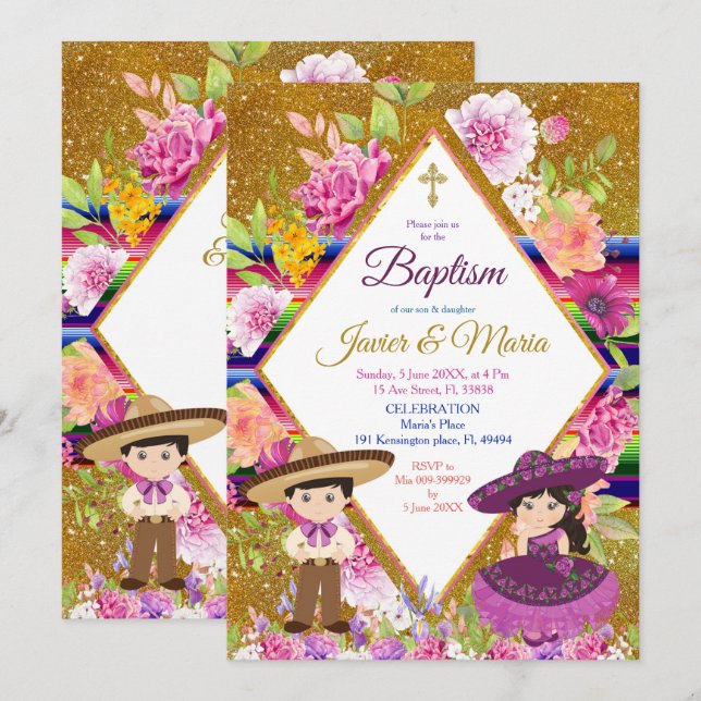 Tres Anos Purple Mexican Fiesta Baptism Invitation (Front/Back)