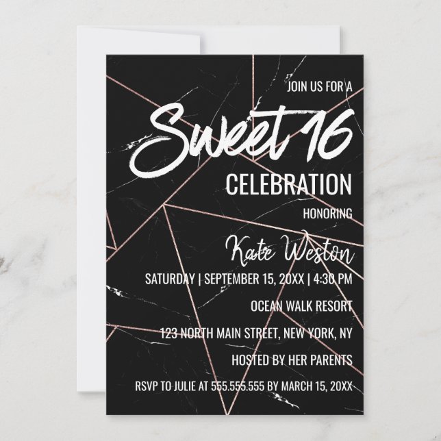Tres Chic Black Geometric Marble Gold Sweet 16 Invitation (Front)