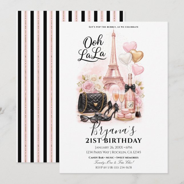 Très Chic in the City Pink Paris 21st Birthday  Invitation (Front/Back)