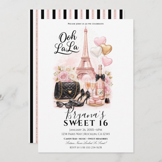 Très Chic in the City Pink Paris Sweet 16 Party Invitation (Front/Back)