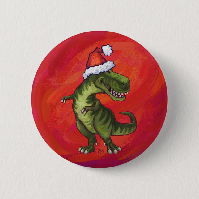 TRex Dino in Santa Hat on Red 6 Cm Round Badge (Front)