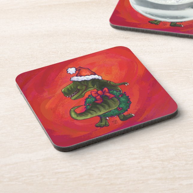 TRex Dino in Santa Hat on Red Coaster (Left Side)