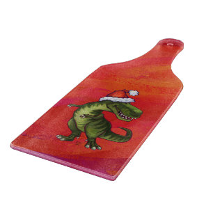 TRex Dino in Santa Hat on Red Cutting Board